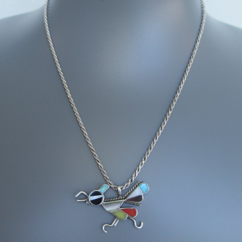 Zuni VTG Sterling Silver Multi-Stone Inlaid Roadrunner Pendant w/ 16" Chain